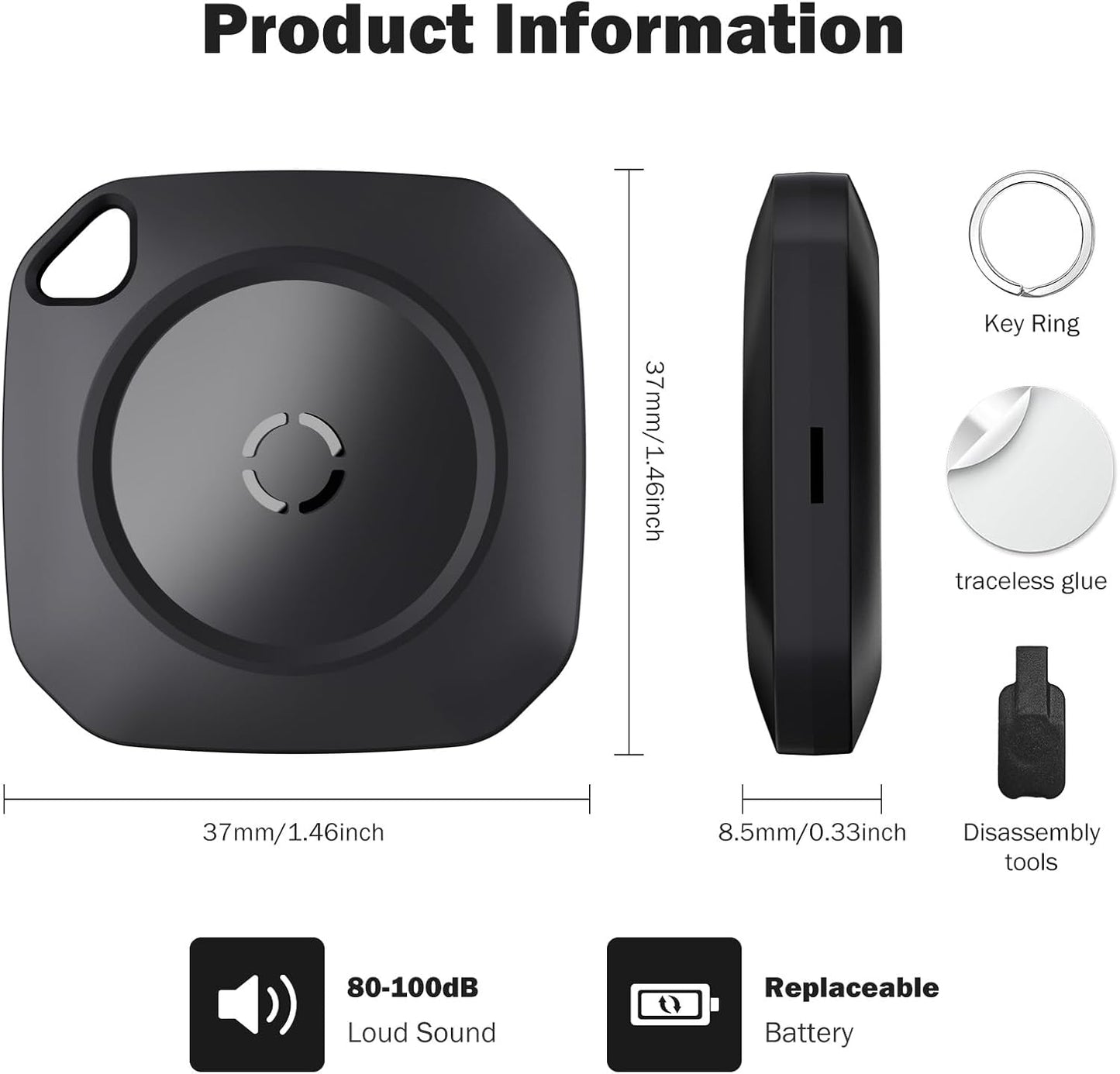 weTag Air Tracker Tag | 4-Pack Smart Bluetooth Luggage Tracker with Replaceable Battery - Black