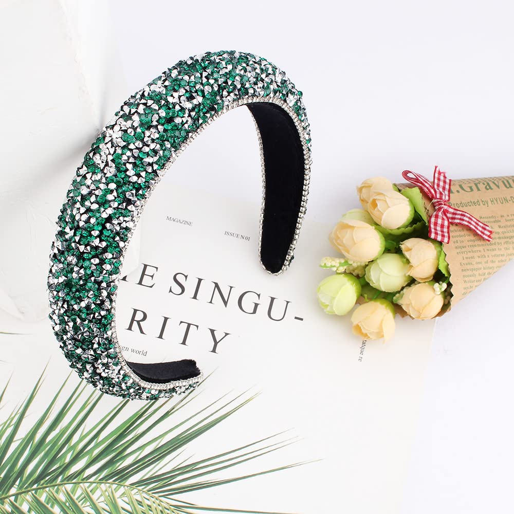 FASOTY Rhinestone Headband Women Fashion Handmade Green Headband Crystal Diamond Bling Headbands Hair Hoops Padded Headband Glitter Beaded Hairband Sparkle Hair Accessories (Green+Silver)