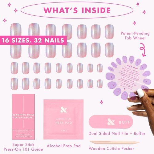 Olive & June Effects Super Stick Mani Press On Nails | No Glue Needed | 32 Tab Nails, 16 Sizes | Non-Toxic Easy On-Off Non-Damaging Real Look | 7-Day Wear | Extra Short, Squoval | Fairy Velvet