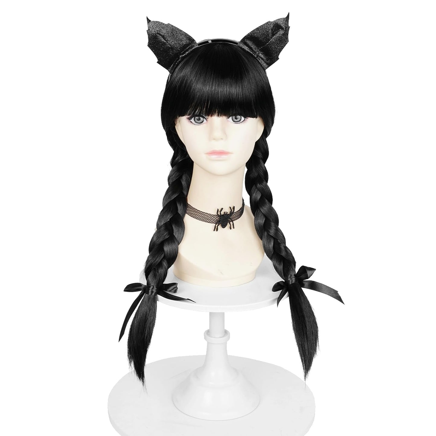 Black Braided Wednesday Wig for Kids, Long Braids Wig with Ribbon Adjustable Chocker Headband Accessories for Halloween Costume Cosplay Party