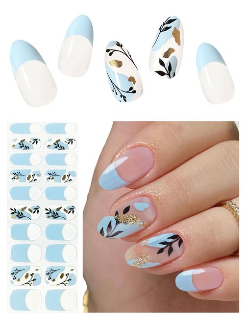 AutyaMee Semi Cured Gel Nail Strips (Blue French), Painted Flowers, 20 Pcs Gel Nail Wraps, Stickers, UV Light Required, Salon Quality, Long Lasting