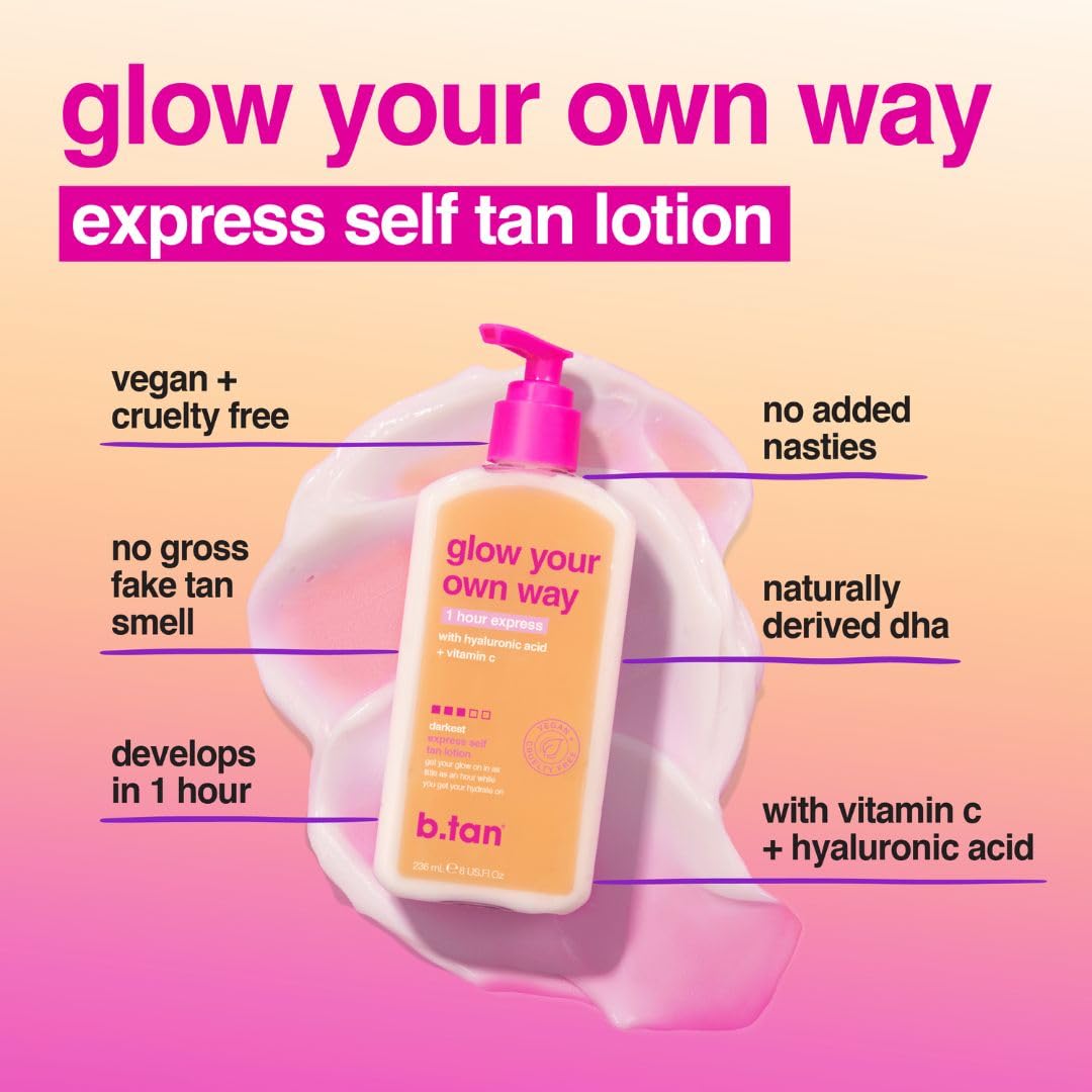 b.tan Dark Self Tanner Lotion - 1 Hour Express Sunless Tanning Cream for Natural Bronze | Hydrating Vitamin C, 8 Fl Oz