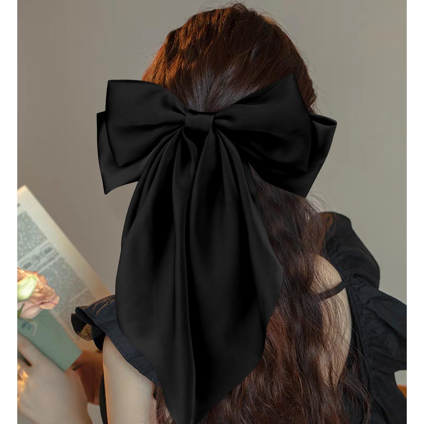 Velscrun 3Pcs Hair Bows for Women Black Hair Bow Big Hair Bows Clips for Girls Silky Satin Large Hair Ribbons Oversized Long Tail Hair Bows Hair Barrettes Hair Accessories Christmas Gifts