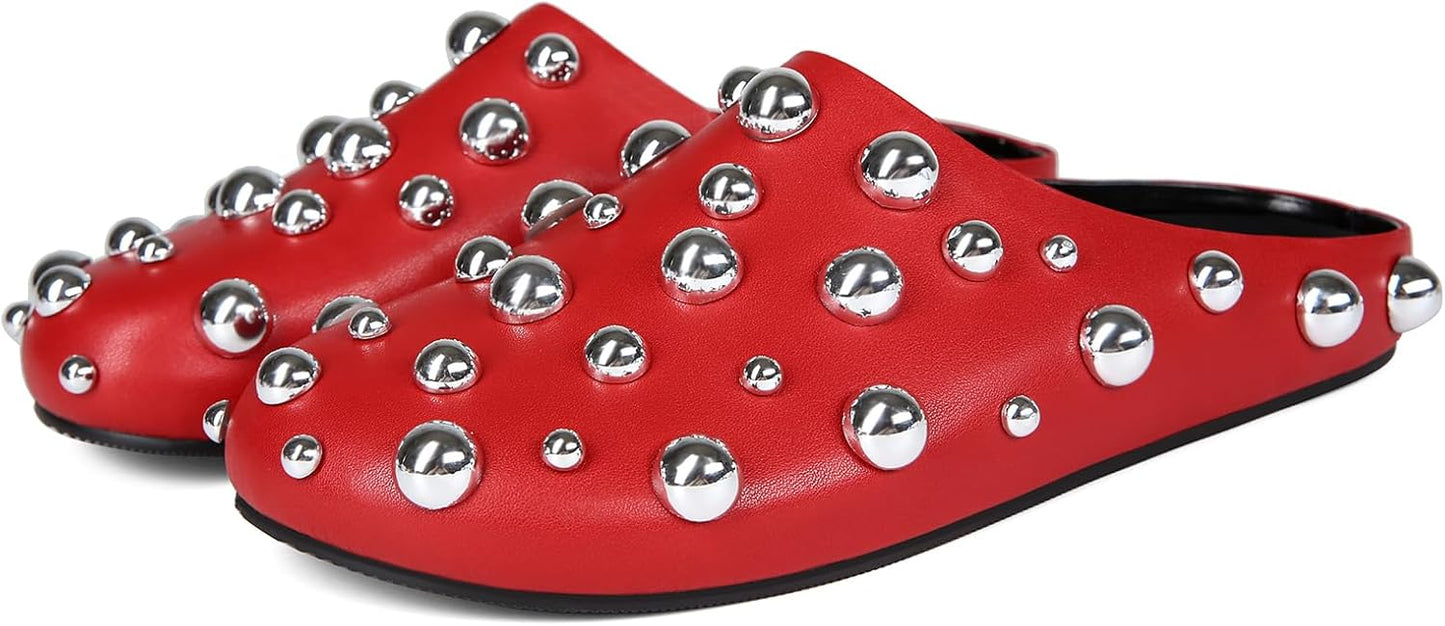 Skiennix Studded Flat Mules - Sparkly Metallic Closed Toe Slippers | Comfortable Backless Clogs