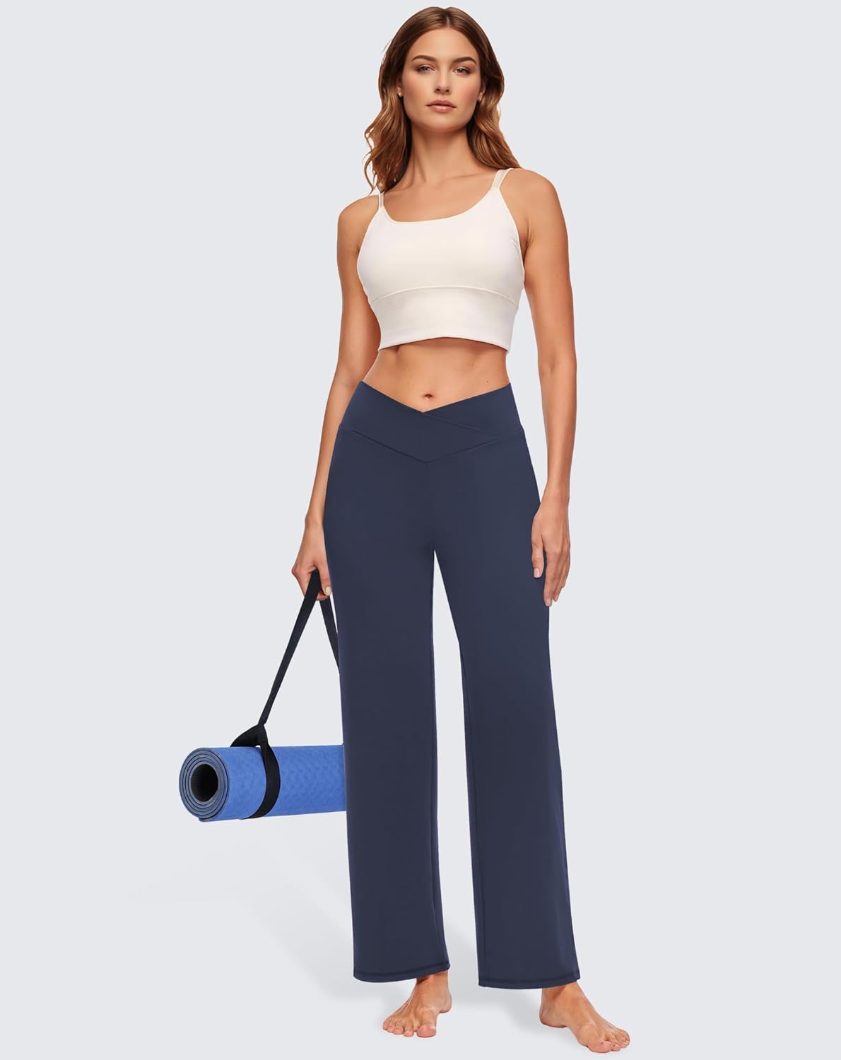 SEMARO Women's Wide Leg Dress Pants - Crossover High Waist Stretch Trousers with Zipper Pocket | Navy