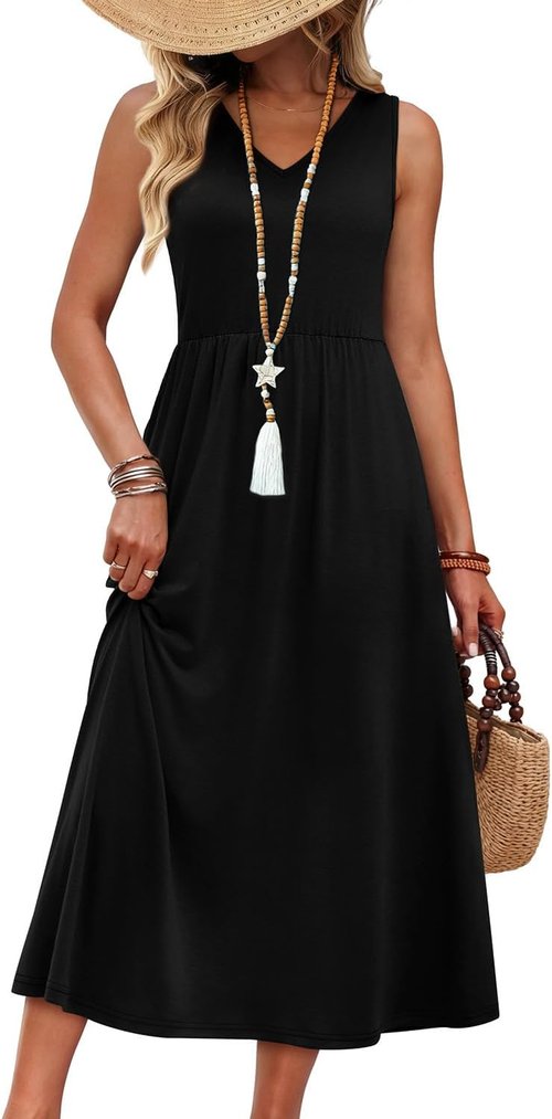 OFEEFAN Summer Dresses - Flowy Casual Midi Dress with V Neck & Pockets for Beach Vacations