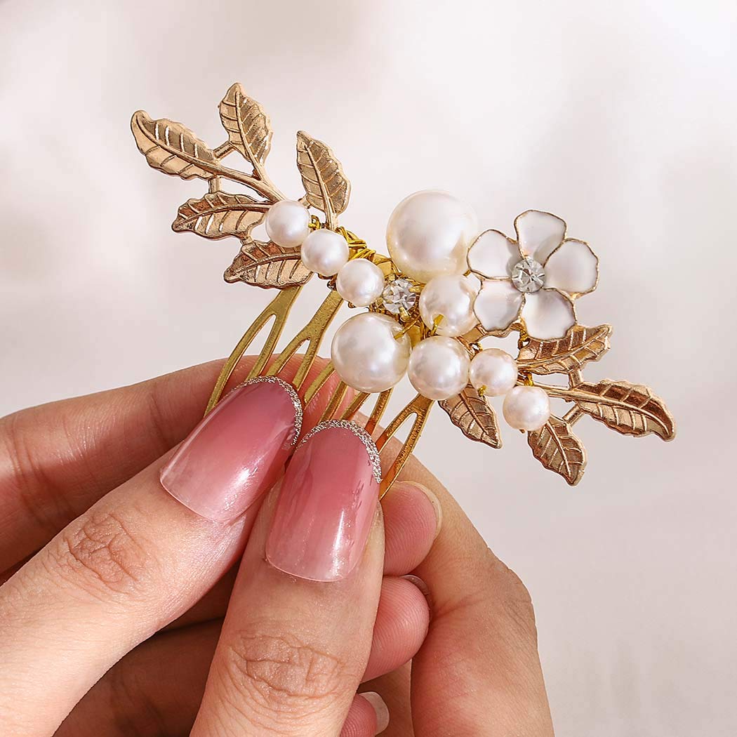 Yokawe Bridal Wedding Hair Comb Gold Pearl Flower Hair Clip Vintage leaf Rhinestone Bride Hair Accessories for Women (Gold)