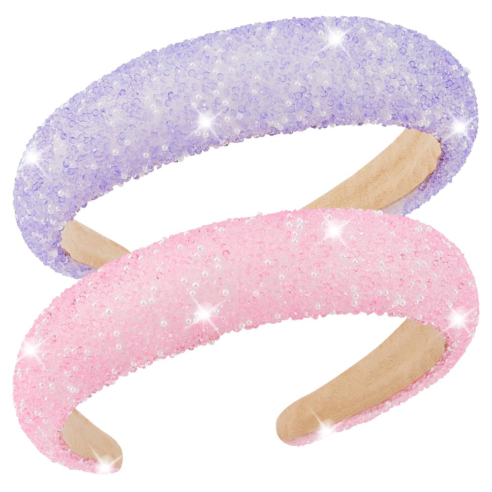 AHONEY 2 Pack Rhinestone Headband for Women Girls, Glitter Sequin Beaded Pearls Padded Headbands for Women Prom Wedding Sparkly Hair Bling Birthday Hair Accessories (Pink&WPurple)