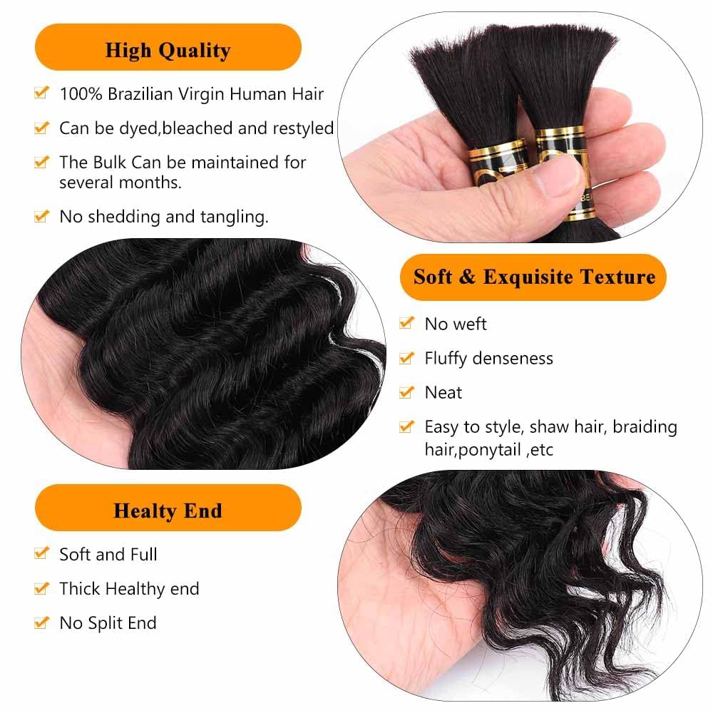 QTHAIR 14A Deep Wave Bulk Human Hair For Braiding No Weft (18", 1)100% Unprocessed Brazilian Deep Wave Human Hair Virgin Hair Extensions