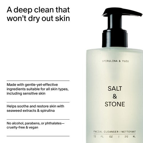 Salt & Stone Facial Cleanser - Spirulina & Yuzu Gentle Wash with Hyaluronic Acid | 7.2 oz, Vegan & Cruelty-Free