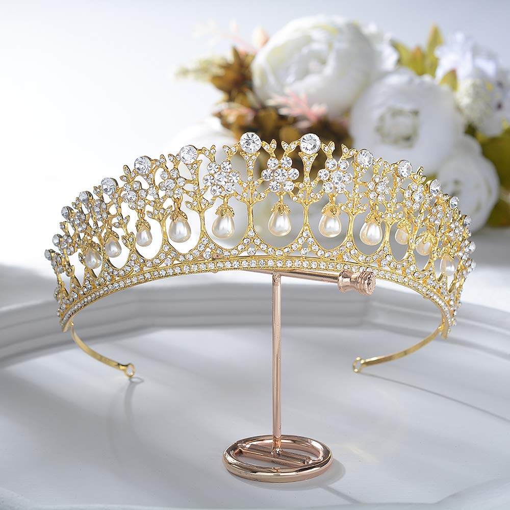 S SNUOY Gold Pearl Crown for Women Bridal Tiara for Women Pearl Headpiece Princess Tiaras Prom Wedding Headband