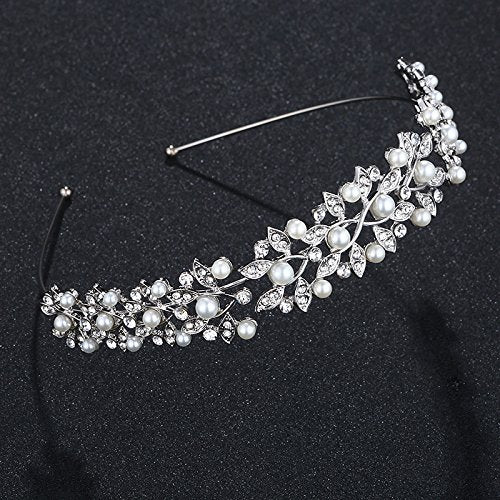 Wedding Rhinestone Headband, Crystal and Faux Pearl Crown for Bride Bridesmaids Tiara Hairband Simple Design Daily hair accessories (Silver A)