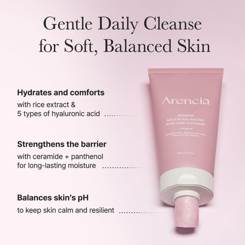 ARENCIA Rosehip Rice Cake Cleanser - pH Balancing Face Wash with Ceramide for Sensitive Skin, 5.29 oz