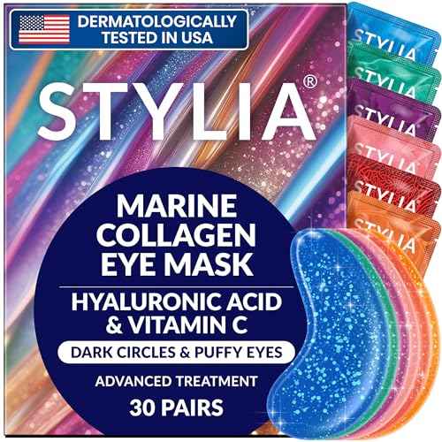 Stylia Collagen & Vitamin C Under Eye Patches for Puffy Eyes & Dark Circles - Depuffing, Hydrating & Firming Under Eye Mask with Hyaluronic Acid - Vegan, Cruelty-Free Skincare (30 Pairs)