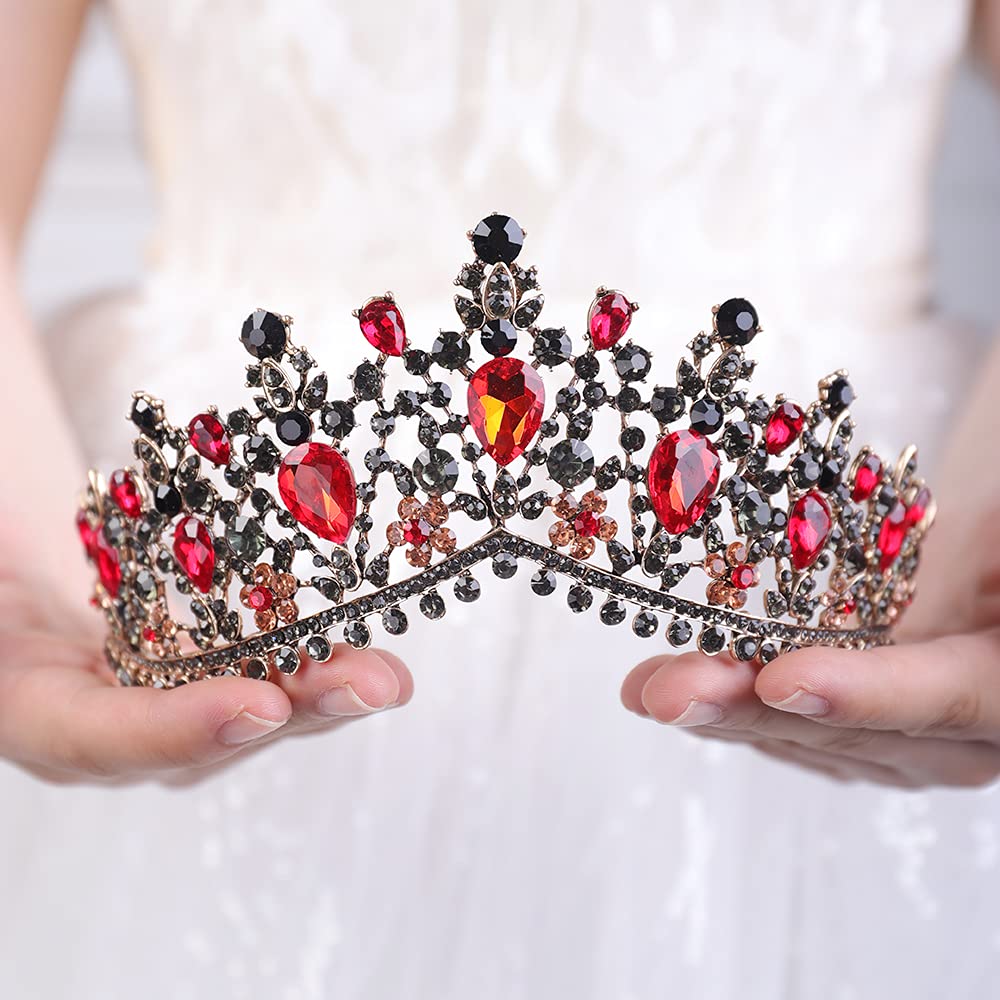 JWICOS Gemstones Elegant Wedding Prom Party Tiara Crown for Women and Girls (red and black)