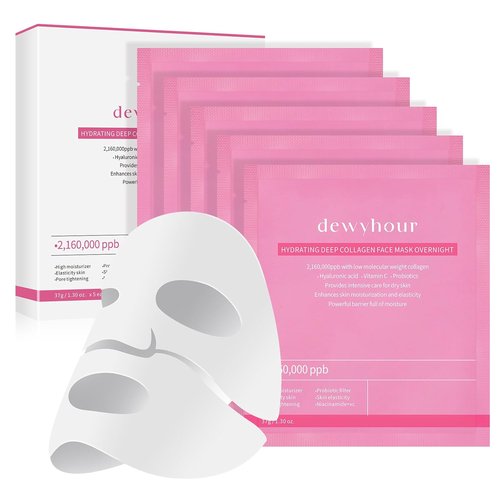 DewyHour Collagen Face Mask - 5 Pack Hydrating Overnight Sheet Masks with Hyaluronic Acid | Firming & Pore Minimizing