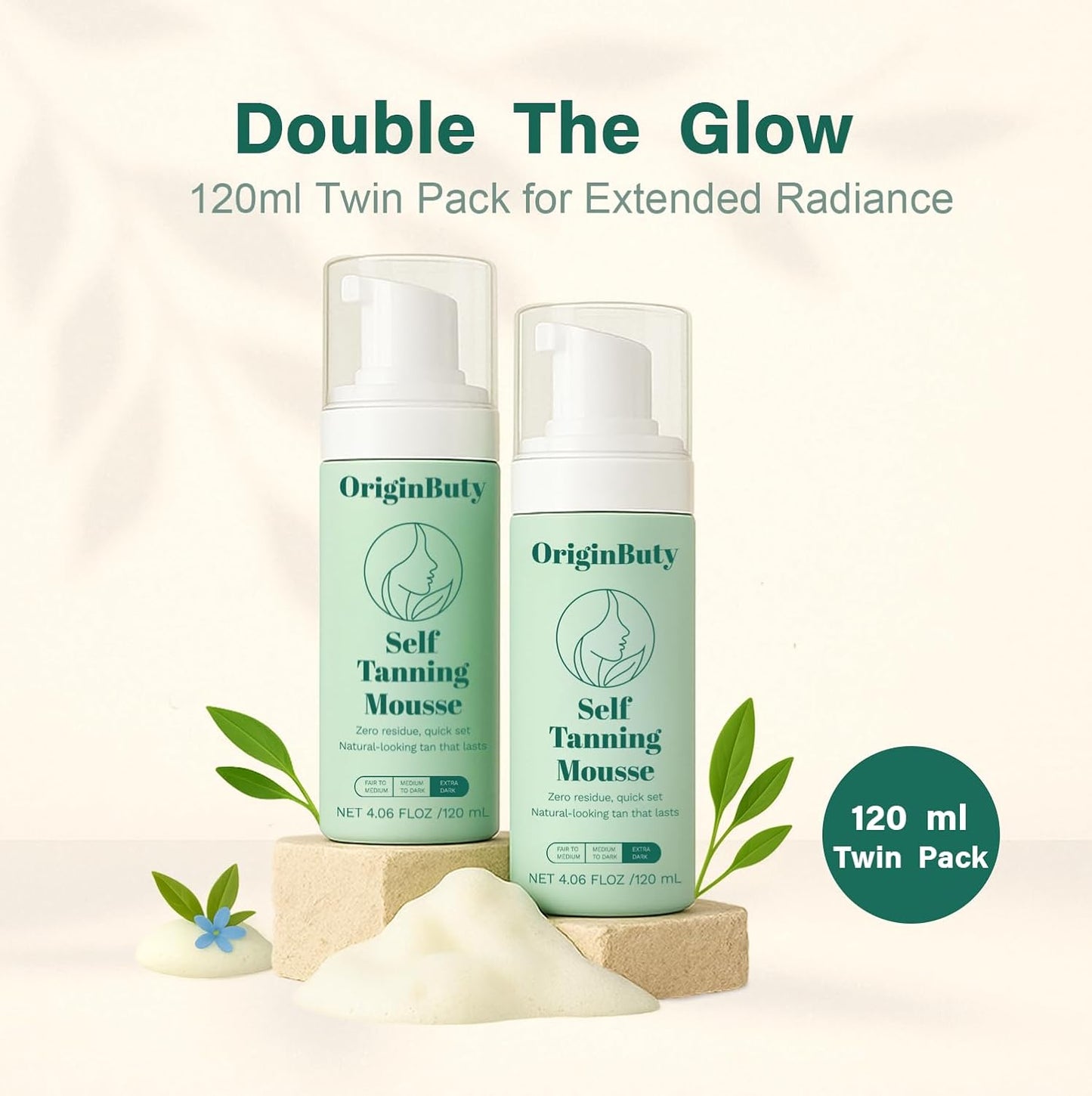 Skiennix Self Tanner Mousse - Streak-Free, Fast-Drying Sunless Tanning Foam | 2 Pack, Dark, 120ml
