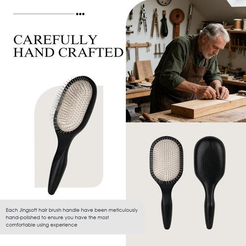 Oak Wooden Hair Brush - Anti-Static Detangler with Scalp Massaging Metal Bristles for All Hair Types - Black