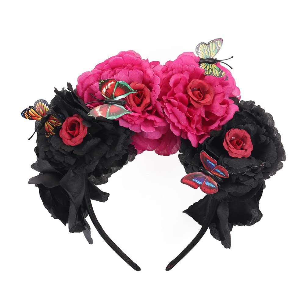 Mexican Flower Crown Headband with Butterfly, Day of the Dead Headpiece, Halloween Festival Headwear, Dia De Los Muertos Hairhoop(Mexican A)