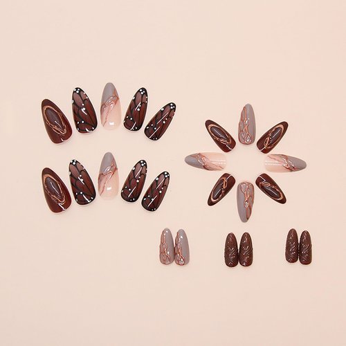 24Pcs Brown Almond Press on Nails Medium Fake Nails with Glue Reusable False Nails with Butterfly Wings Golden Line Design Artificial Acrylic Nails Press ons Full Cover Holiday Stick on Nail for Women