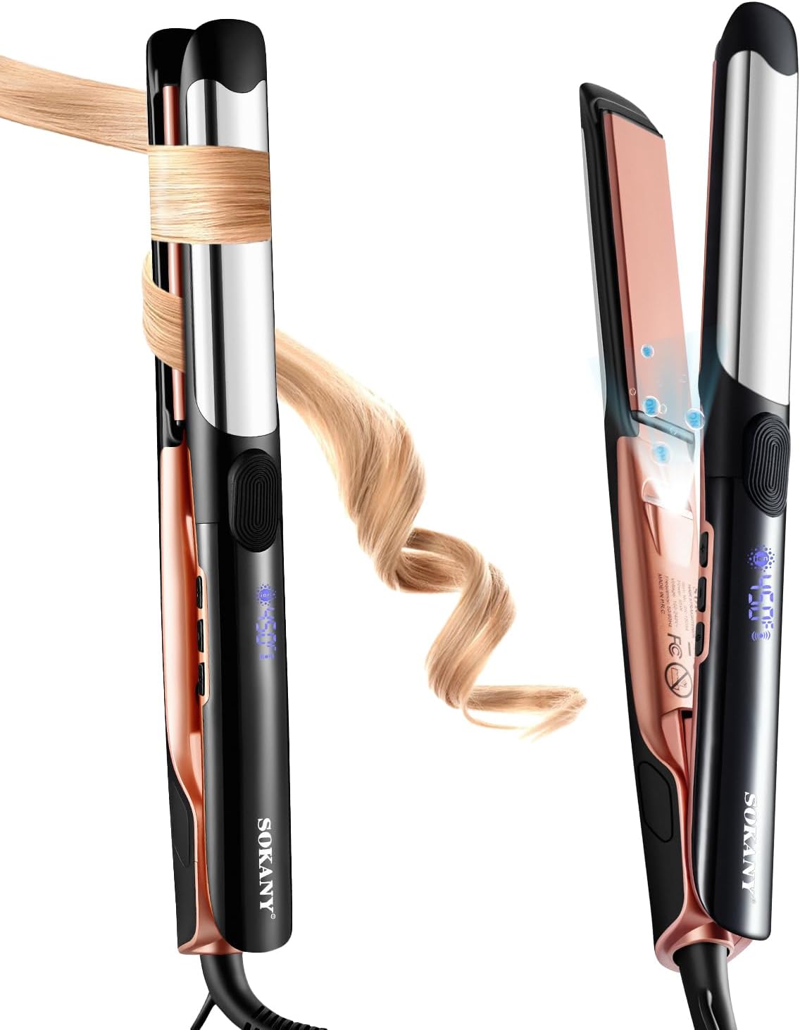 SOKANY 2-in-1 Hair Straightener & Curler - Titanium Ceramic Plates, Dual Voltage, 8 Temp Settings