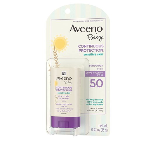 Aveeno Baby Continuous Protection Mineral Sunscreen Stick for Sensitive Skin with Broad Spectrum SPF 50 Protection for Face & Body, Naturally Sourced 100% Zinc Oxide, Travel Size, 0.47 oz (Pack of 2)
