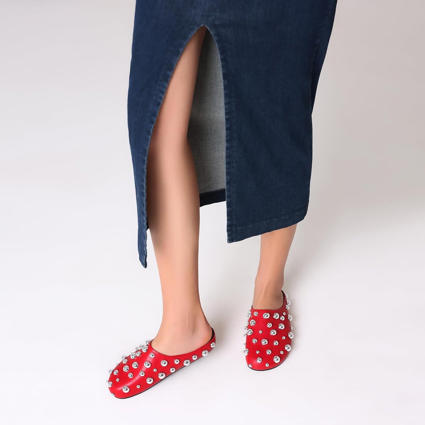 Skiennix Studded Flat Mules - Sparkly Metallic Closed Toe Slippers | Comfortable Backless Clogs