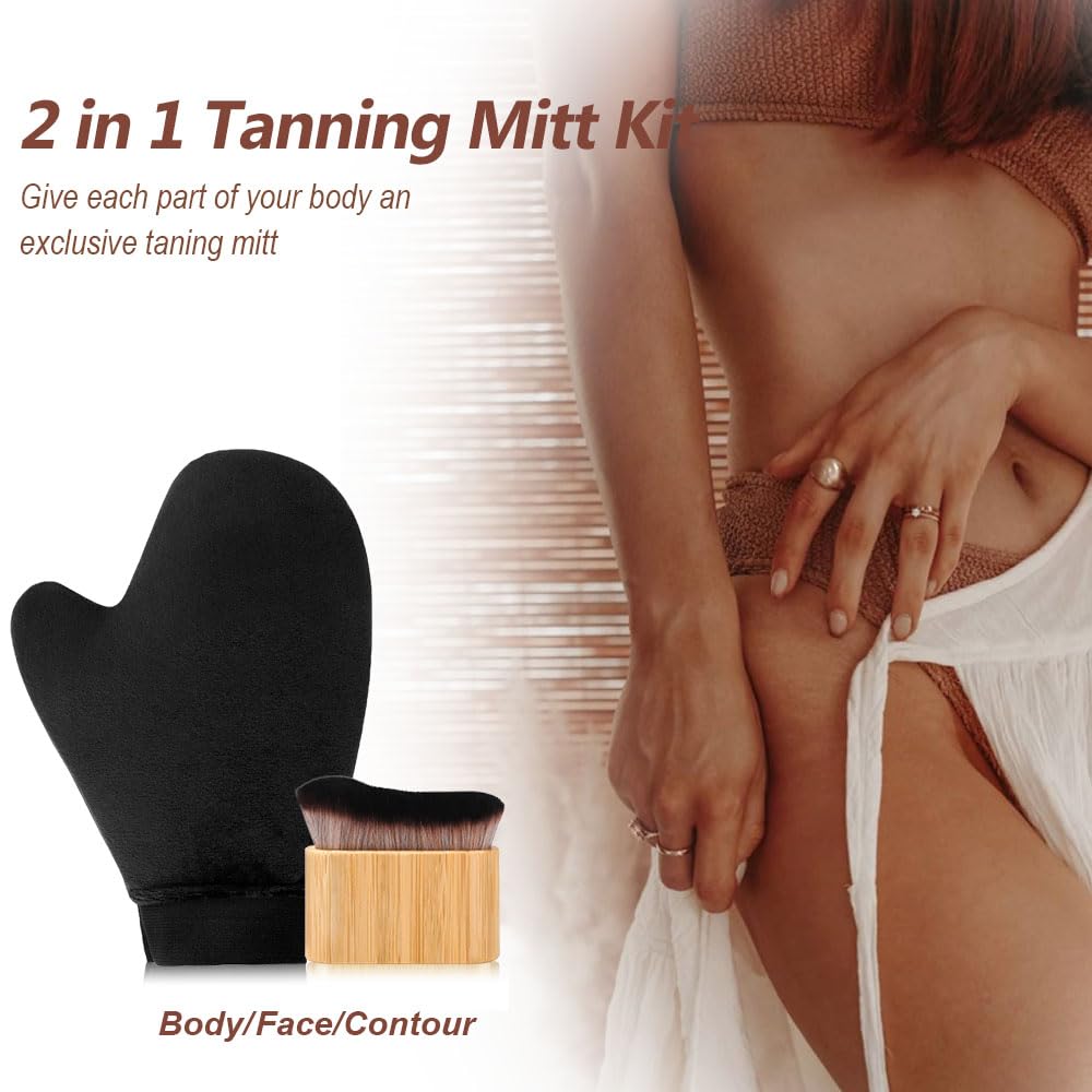 Skiennix 2-in-1 Tanning Mitts - Self Tanner Applicator & Brush Set for Face & Body | Perfect for Sunless & Spray Tan