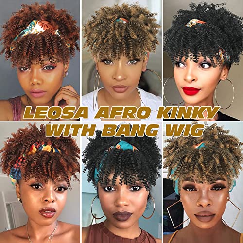 LEOSA Short Ombre Headband Wig Kinky Curly Headband Wig with Bangs for Women Synthetic Afro Curly Wig with Headband Attached Blonde Kinky Wig Outre High Puff Blonde Afro Headband Wig 4INCH Kinky Wig