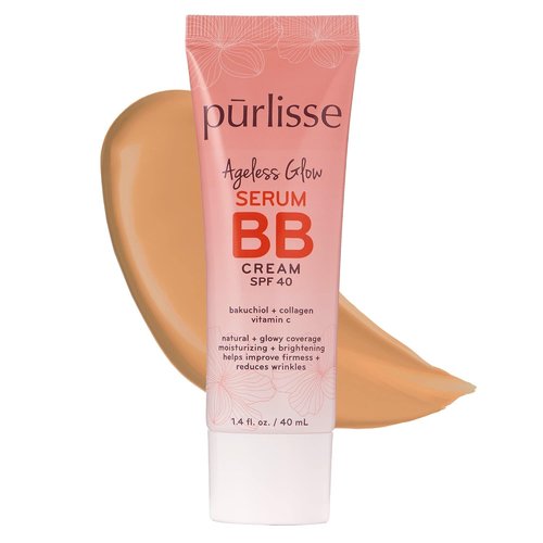 Pūrlisse Ageless Glow Serum BB Cream SPF 40 - Radiant BB Cream with Bakuchiol & Vitamin C for Firm, Dewy Skin - Medium Golden (1.4 oz)
