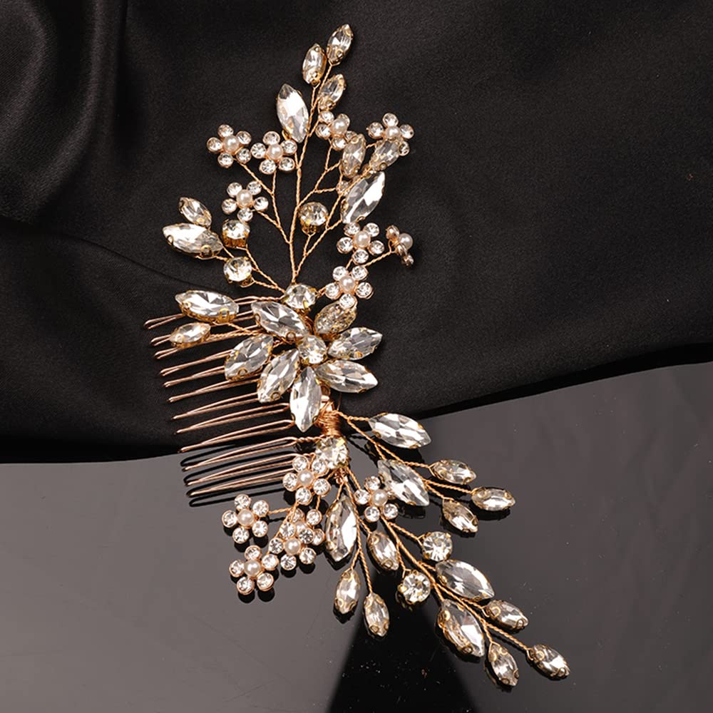 Teyglen Rhinestone Flower Bride Wedding Hair Comb Headband Crystal Hair Pieces Headpieces with Rhinestones Hair Accessories Handmade Bridal Side Hair Combs for Women Bride Girls (Gold)