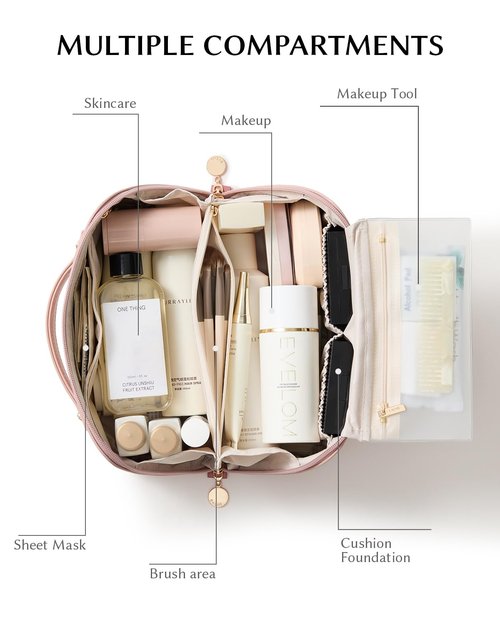 EACHY Travel Makeup Bag,Large Capacity Cosmetic Bags for Women,Waterproof Portable Pouch Open Flat Toiletry Bag Make up Bag with Divider and Handle