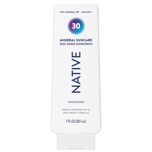 Native Sunscreen Lotion SPF 30 - Unscented Mineral Zinc Oxide for Face & Body, Vegan, 7 oz