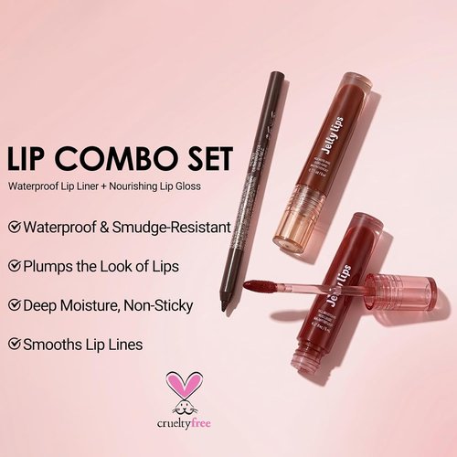 Erinde Lip Combo Set - Brown Lip Liner & Gloss for Nude Ombre Makeup | Hydrating, Non-Sticky Finish