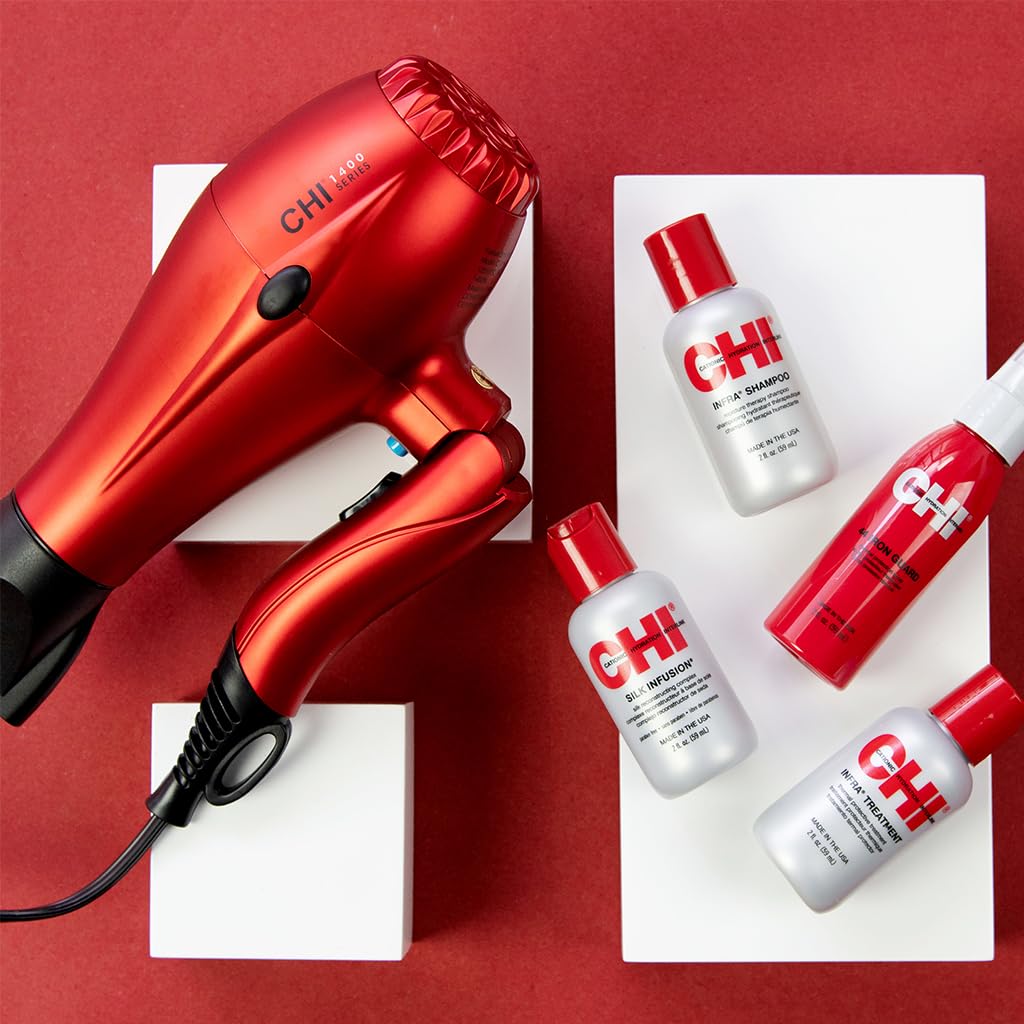 CHI 1400 Series Compact Hair Dryer - Powerful, Lightweight & Quick-Drying for Shiny, Frizz-Free Hair | Red