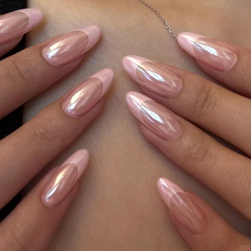 HOSAILY Pink Chrome French Press on Nails Medium Almond, 24Pcs Pink Aurora French Tips with Iridescent Shimmer Design Fake False Nails for women, Elegant Pretty Daily Wear for Old Money Chic
