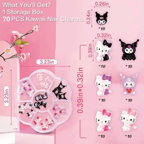 70Pcs for Kitty San-Rio Cute Charm Kawaii Skateboard Nail Charm Flat Background Resin Charm 70 3D Nail Charm Nail Decoration Products for Halloween Decoration (Cute Nail Charm)