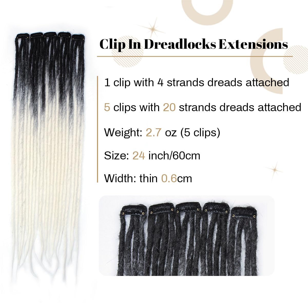 Lounoke 20 Strands 5 Clips In Dreadlock Extensions, 24 inch Gray to White Synthetic Clip In Dreads Extensions for Woman