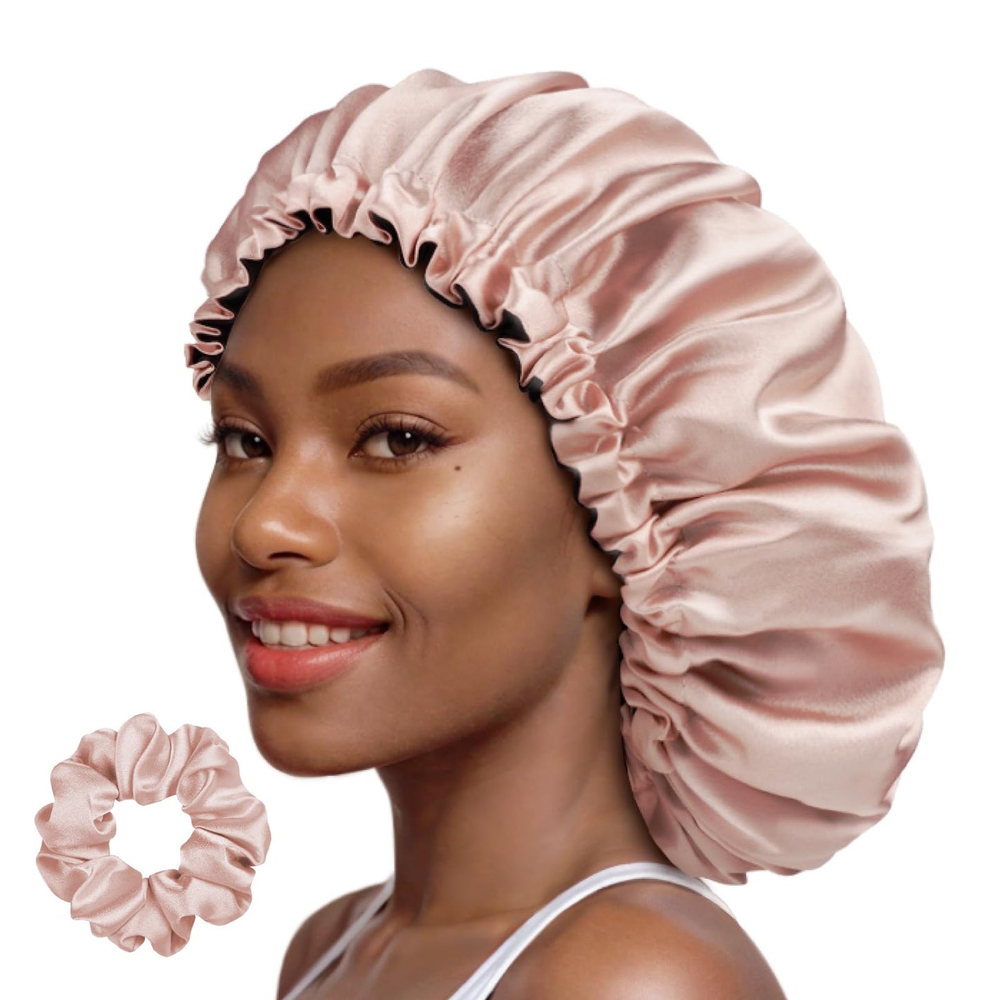 PARISBELLA Reversible Smooth As Silk Satin Bonnet For Sleeping, Adjustable Satin Sleep Cap for Curly Hair, Chic Satin Hair Wrap With Scrunchy, Pale Pink, Large, Pack of 1