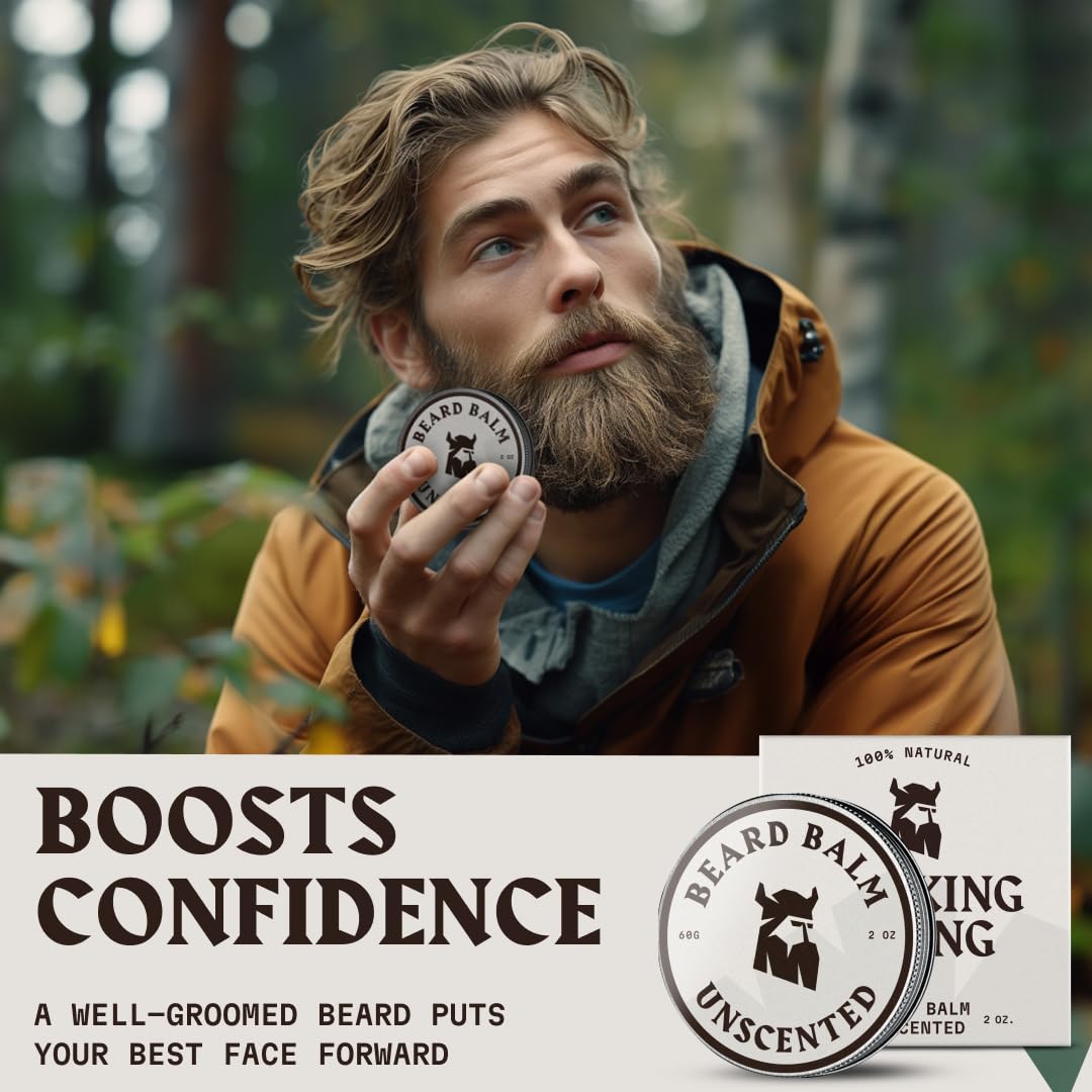 Viking Beard Balm for Men - Unscented 2 Ounces | Fragrance-Free Care & Styling with Argan & Jojoba Oils