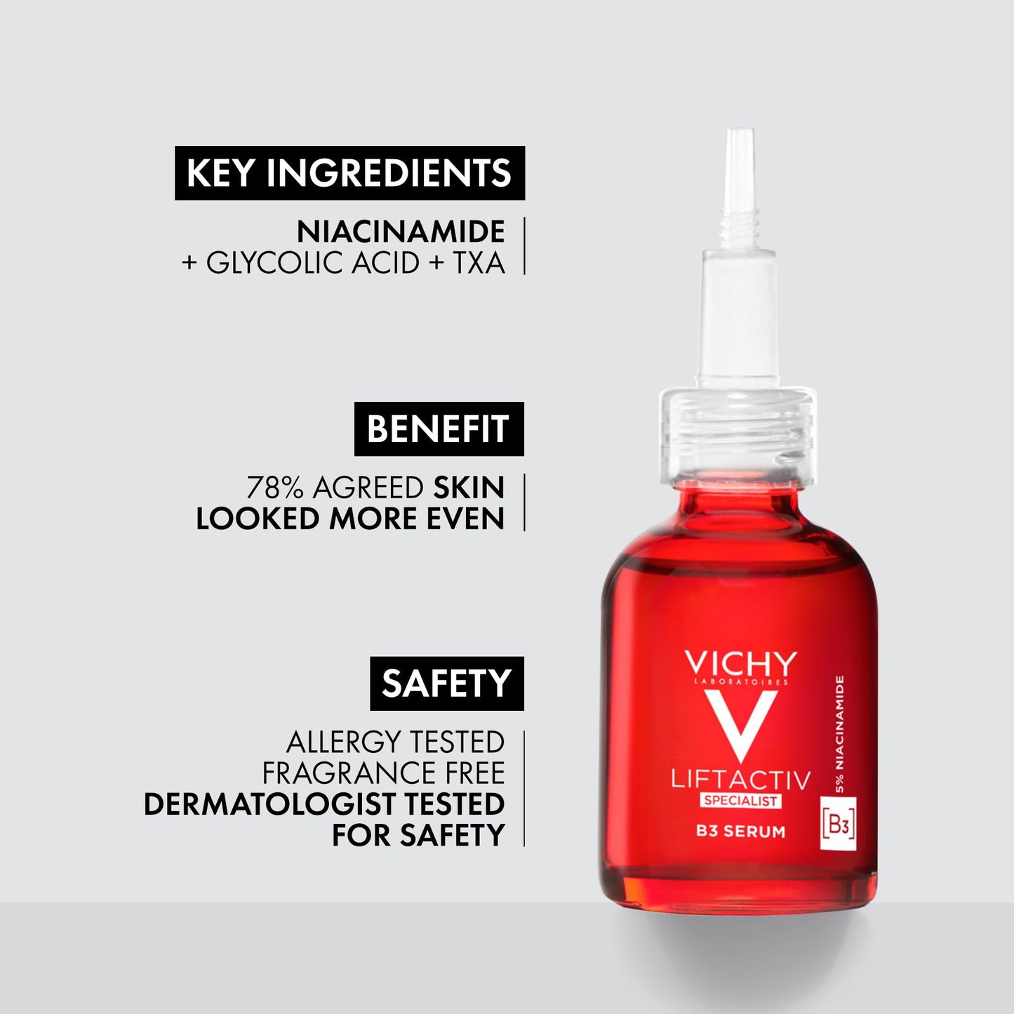 Vichy LiftActiv B3 Serum 5% Niacinamide + Glycolic Acid + Tranexamic Acid + Peptides, Fades Dark Spots & Smooths Wrinkles In 8 Weeks, Discoloration Correcting Serum, Alcohol Free