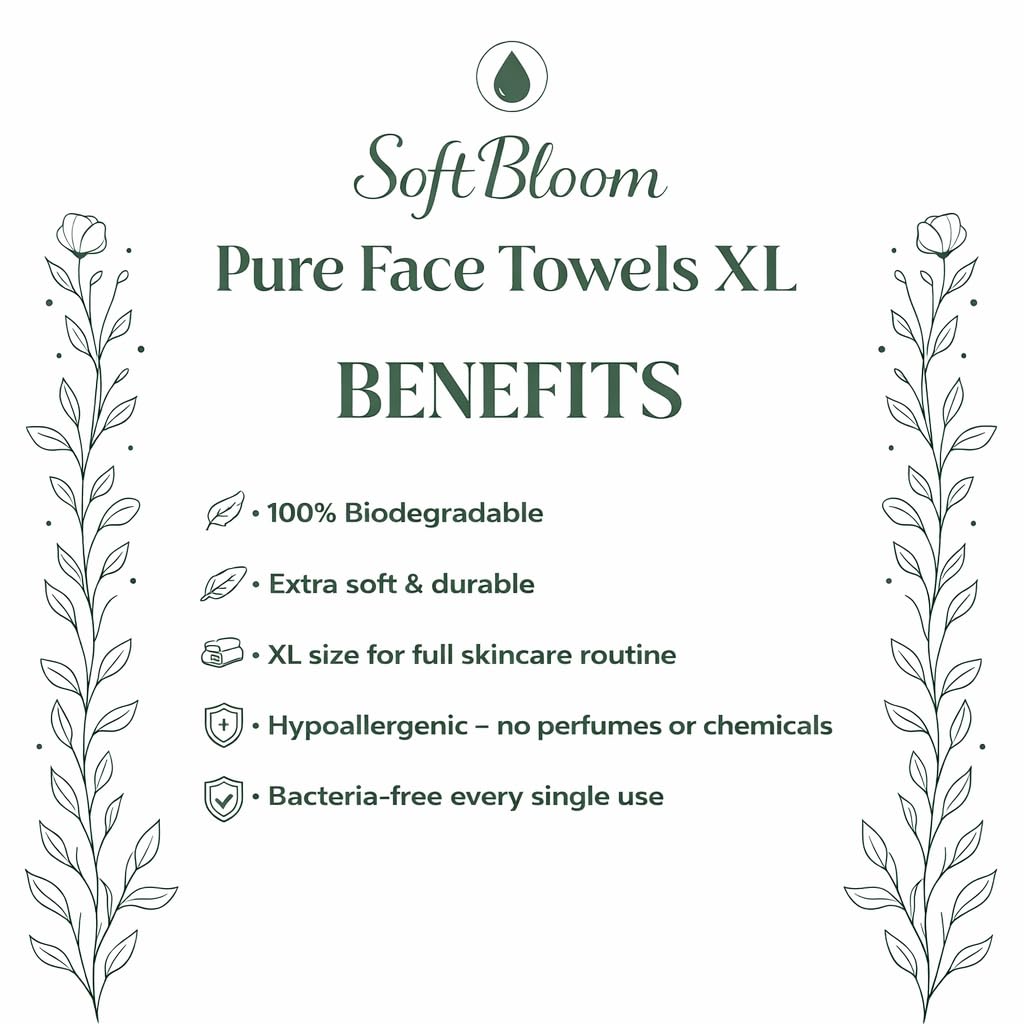 SoftBloom Disposable Face Towels - XL 50 Count Biodegradable Viscose | Ultra Soft for Sensitive Skin & Makeup Removal