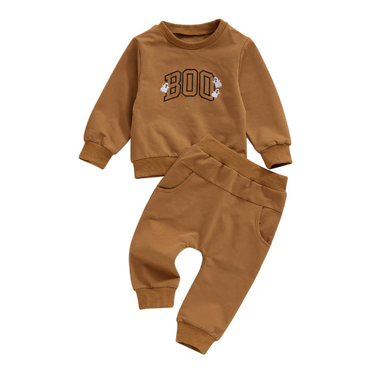 FYBITBO Toddler Baby Halloween Outfits Boy Spooky Season Crewneck Sweatshirt Top Shirts Pants Fall Halloween Clothes Set (Boo Ghost-Brown, 0-6 months)