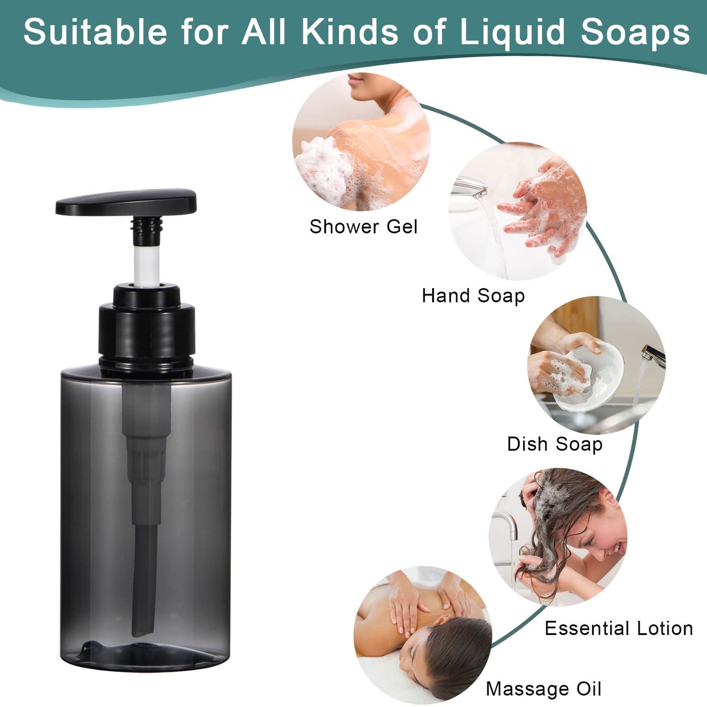 Shampoo Bottles with Pump, Yebeauty 2 Pack Empty Refillable Shower Bottle 10oz 300ml Squeeze Lotion Dispenser for Bathroom,Shampoo Soap, Conditioner Body Wash Liquidl,Clear Grey