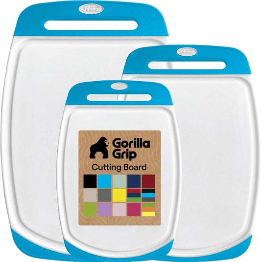 GORILLA GRIP BPA-Free Reversible Kitchen Cutting Board Set of 3, US Designed, Nonporous, Juice Grooves Catch Liquid, Slip Resistant Border, Dishwasher Safe, Durable Large Food Chopping Boards, Aqua