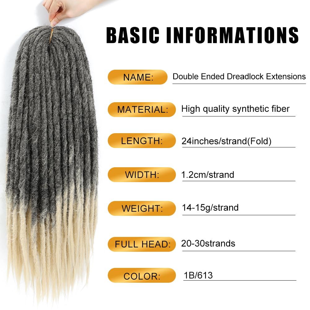 Aguacor Straight Dreadlocks Synthetic Double Ended Dreadlock Extensions 24inches 10 Strands Width 1.2cm Soft Black to Blonde DE Dreadlock Extensions for Women (10 Strands, 1B/613)