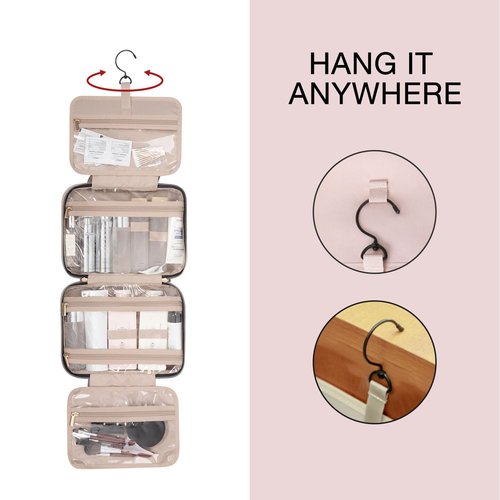 BAGSMART Toiletry Bag - Water-Resistant Travel Organizer with Hanging Hook | Medium Baby Pink