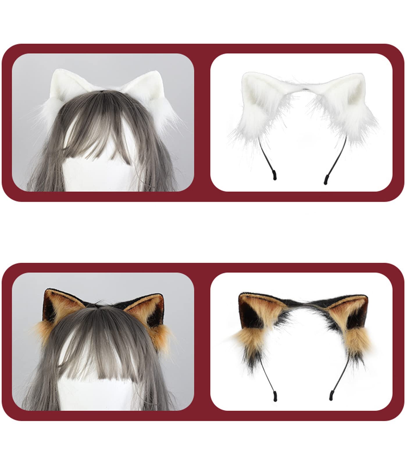 Cat Ears Long Fur Headband Handmade Cute Halloween Fancy Dress Cosplay Animal Furry Wolf Ears Hair Hoop (White)