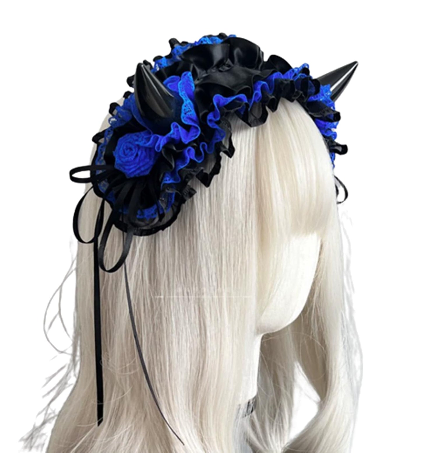 CoBtee Gothic Lolita Headdress Lace Devil Horns Cosplay Headbands Hair band Hair Accessories Headwear Halloween Party (blue/devil horns)