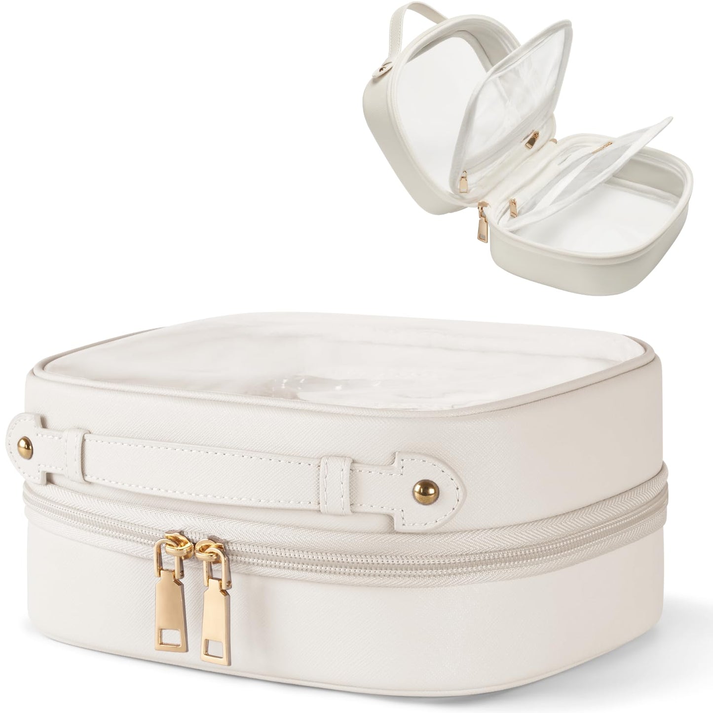 Oaque Clear Cosmetic Bag Double Layer Travel Toiletry Bag White Makeup Bag Case with 4 Compartments, Transparent Travel Bag for Toiletries, TSA Approved Toiletry Case for Women (White)